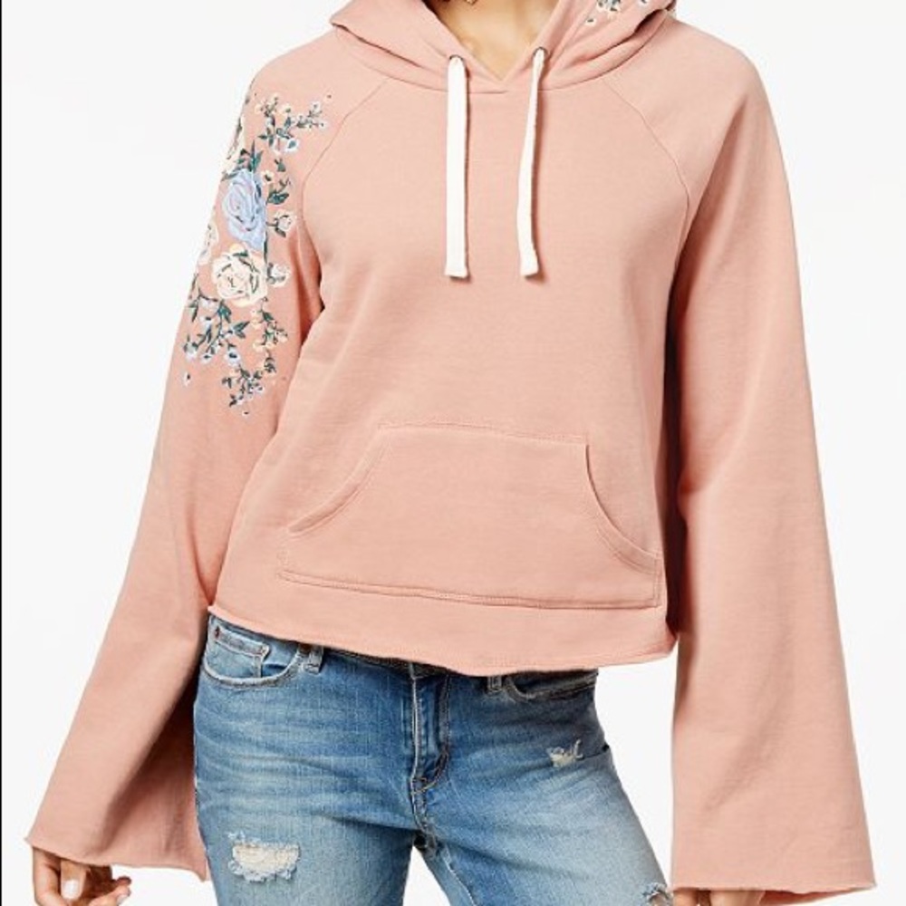 AMERICAN RAG | Grey Floral Bell Sleeve Hoodie Crop